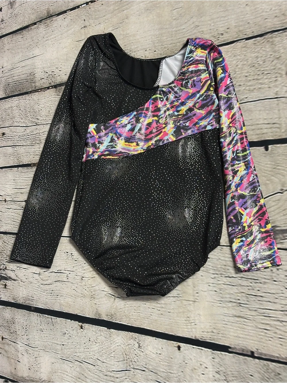 Girls' Black Sparkle One-Piece Leotard with Multicolor Accent